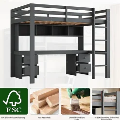 Okwish Lit mezzanine 90 x 200 cm - Lit Simple avec Escalier à Rampe Haute - Pin + MDF - Sans Matelas - Gris* Lit Mezzanine