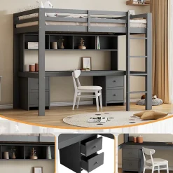 Okwish Lit mezzanine 90 x 200 cm - Lit Simple avec Escalier à Rampe Haute - Pin + MDF - Sans Matelas - Gris* Lit Mezzanine