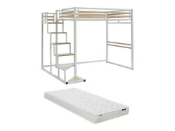 Lit mezzanine 140 x 200 cm - Métal et MDF - Blanc + Matelas - JOGUI>Vente-unique Sale