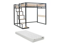 Lit mezzanine 140 x 200 cm - Métal et MDF - Noir et naturel + Matelas - JOGUI>Vente-unique New