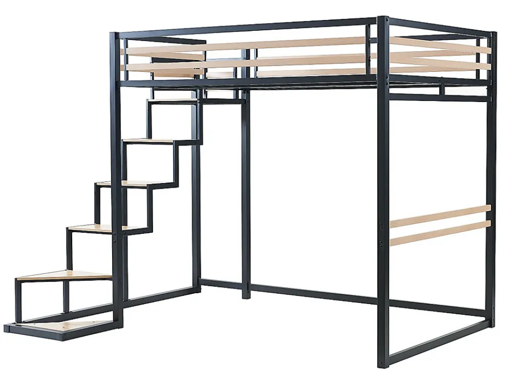 Lit mezzanine 140 x 200 cm - Métal et MDF - Noir et naturel + Matelas - JOGUI>Vente-unique New