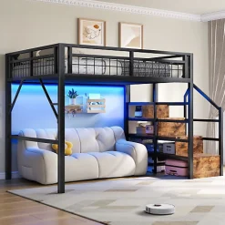 Lit mezzanine 140 x 200 cm - Structure en fer - Éclairage LED - Escalier - Noir (matelas non inclus)>ModernLuxe Best