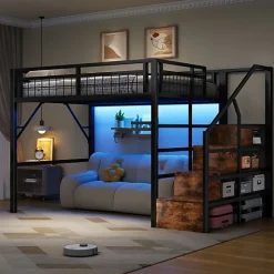 Lit mezzanine 140 x 200 cm - Structure en fer - Éclairage LED - Escalier - Noir (matelas non inclus)>ModernLuxe Best