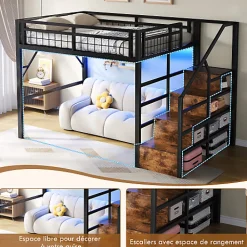 Lit mezzanine 140 x 200 cm - Structure en fer - Éclairage LED - Escalier - Noir (matelas non inclus)><noscript><img width=