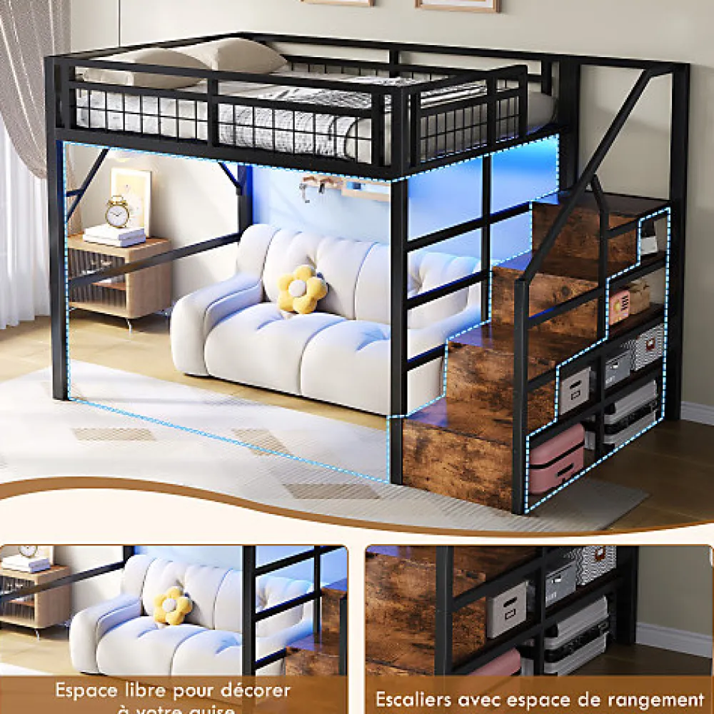 Lit mezzanine 140 x 200 cm - Structure en fer - Éclairage LED - Escalier - Noir (matelas non inclus)>ModernLuxe Best
