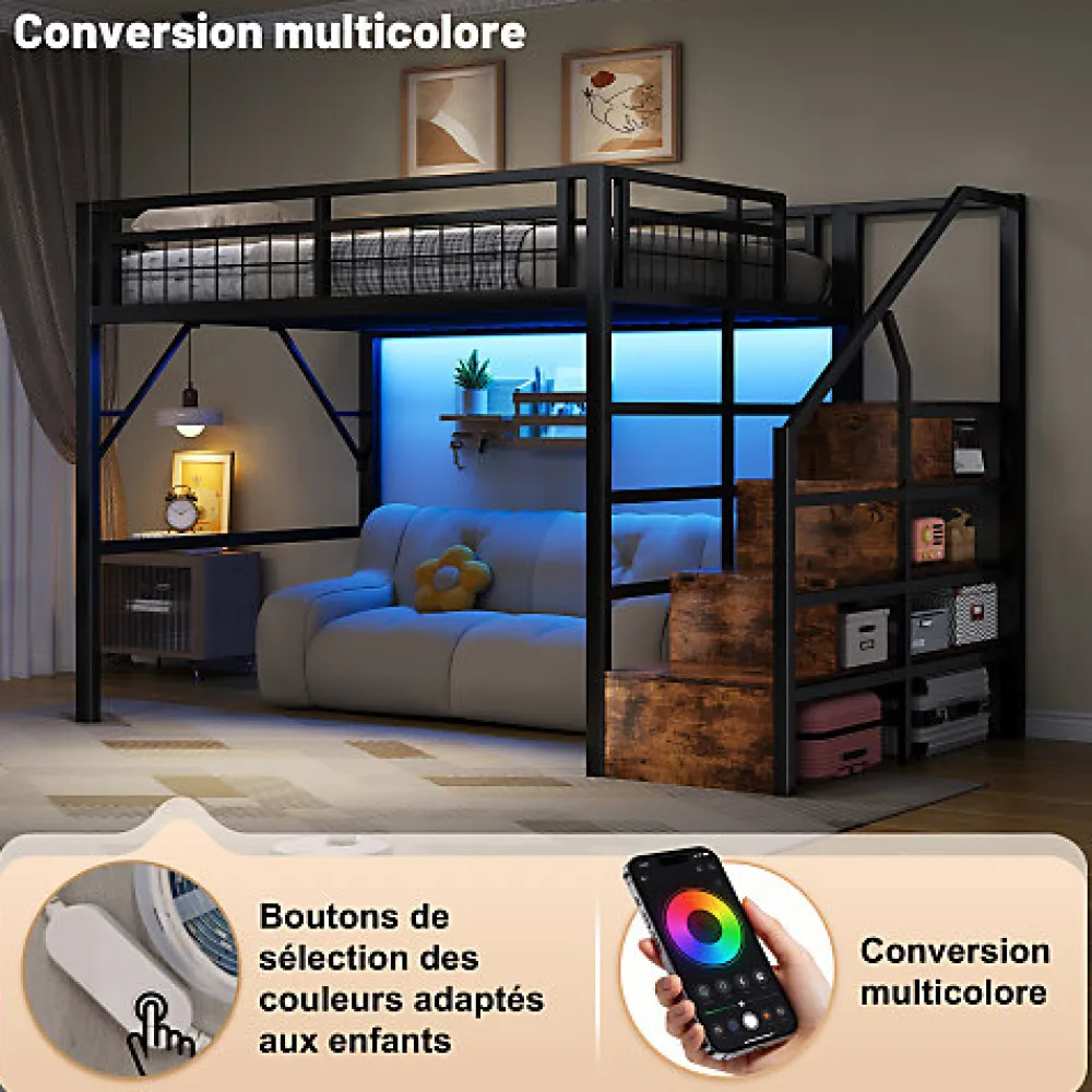 Lit mezzanine 140 x 200 cm - Structure en fer - Éclairage LED - Escalier - Noir (matelas non inclus)>ModernLuxe Best