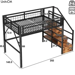 Lit mezzanine 140 x 200 cm - Structure en fer - Éclairage LED - Escalier - Noir (matelas non inclus)><noscript><img width=