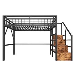 Lit mezzanine 140 x 200 cm - Structure en fer - Éclairage LED - Escalier - Noir (matelas non inclus)><noscript><img width=