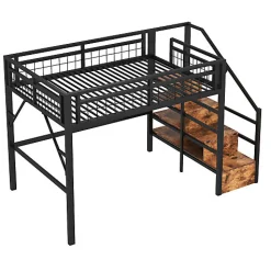 Lit mezzanine 140 x 200 cm - Structure en fer - Éclairage LED - Escalier - Noir (matelas non inclus)><noscript><img width=