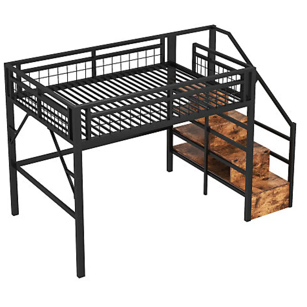 Lit mezzanine 140 x 200 cm - Structure en fer - Éclairage LED - Escalier - Noir (matelas non inclus)>ModernLuxe Best