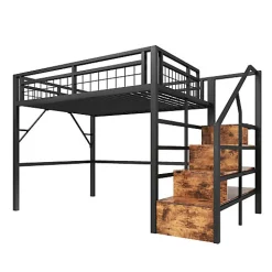 Lit mezzanine 140 x 200 cm - Structure en fer - Éclairage LED - Escalier - Noir (matelas non inclus)><noscript><img width=