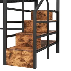 Lit mezzanine 140 x 200 cm - Structure en fer - Éclairage LED - Escalier - Noir (matelas non inclus)><noscript><img width=