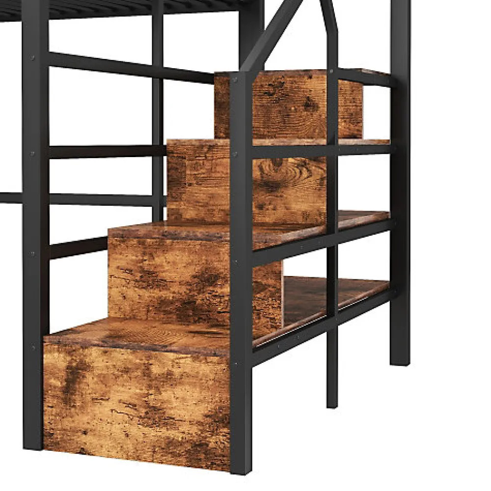 Lit mezzanine 140 x 200 cm - Structure en fer - Éclairage LED - Escalier - Noir (matelas non inclus)>ModernLuxe Best