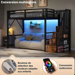 ModernLuxe Lit mezzanine 90 x 200 cm - Structure en fer - Éclairage LED - Escalier - Noir (matelas non inclus)* Lit Mezzanine