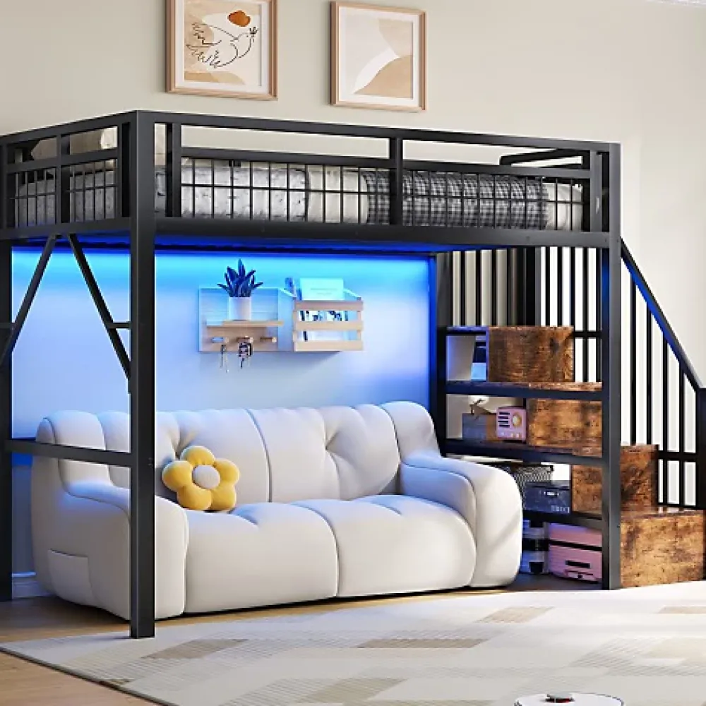 ModernLuxe Lit mezzanine 90 x 200 cm - Structure en fer - Éclairage LED - Escalier - Noir (matelas non inclus)* Lit Mezzanine