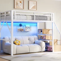 ModernLuxe Lit mezzanine 90 x 200 cm - Structure en fer - Éclairage LED - Escalier - Blanc (matelas non inclus)* Lit Mezzanine