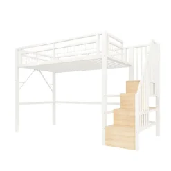 ModernLuxe Lit mezzanine 90 x 200 cm - Structure en fer - Éclairage LED - Escalier - Blanc (matelas non inclus)* Lit Mezzanine