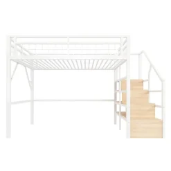 ModernLuxe Lit mezzanine 140 x 200 cm - Structure en fer - Éclairage LED - Escalier - Blanc (matelas non inclus)* Lit Mezzanine