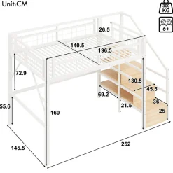 ModernLuxe Lit mezzanine 140 x 200 cm - Structure en fer - Éclairage LED - Escalier - Blanc (matelas non inclus)* Lit Mezzanine