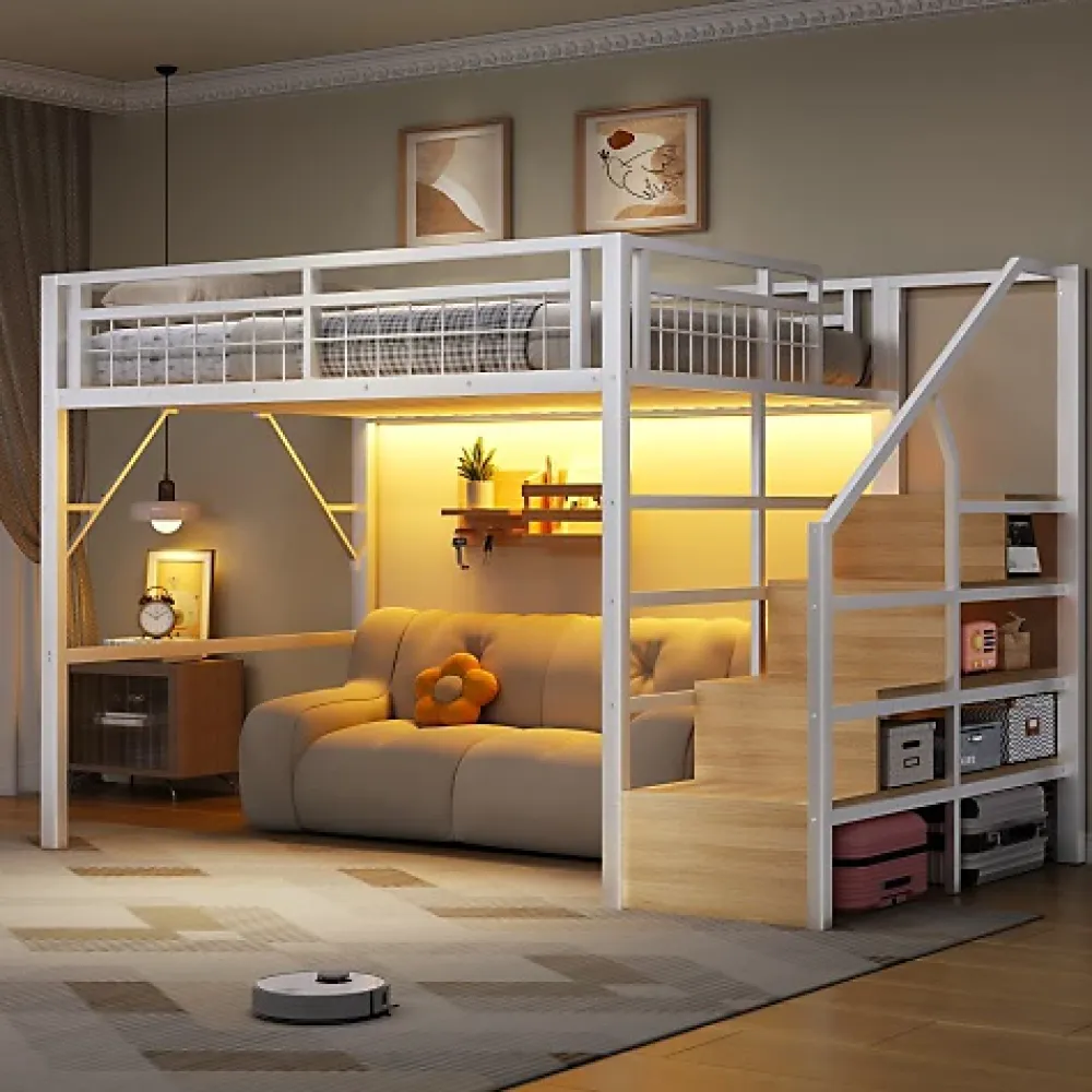 ModernLuxe Lit mezzanine 140 x 200 cm - Structure en fer - Éclairage LED - Escalier - Blanc (matelas non inclus)* Lit Mezzanine