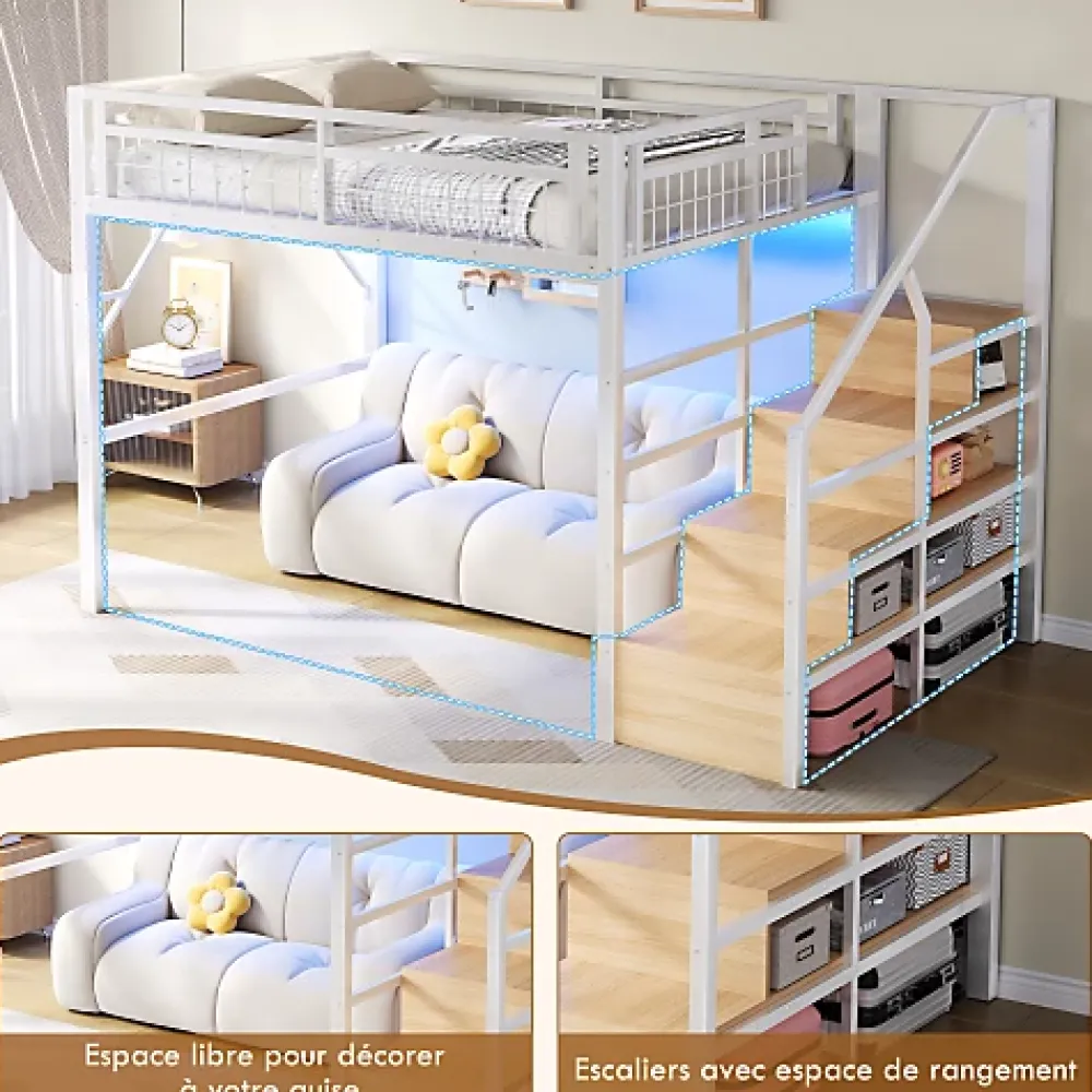 ModernLuxe Lit mezzanine 140 x 200 cm - Structure en fer - Éclairage LED - Escalier - Blanc (matelas non inclus)* Lit Mezzanine