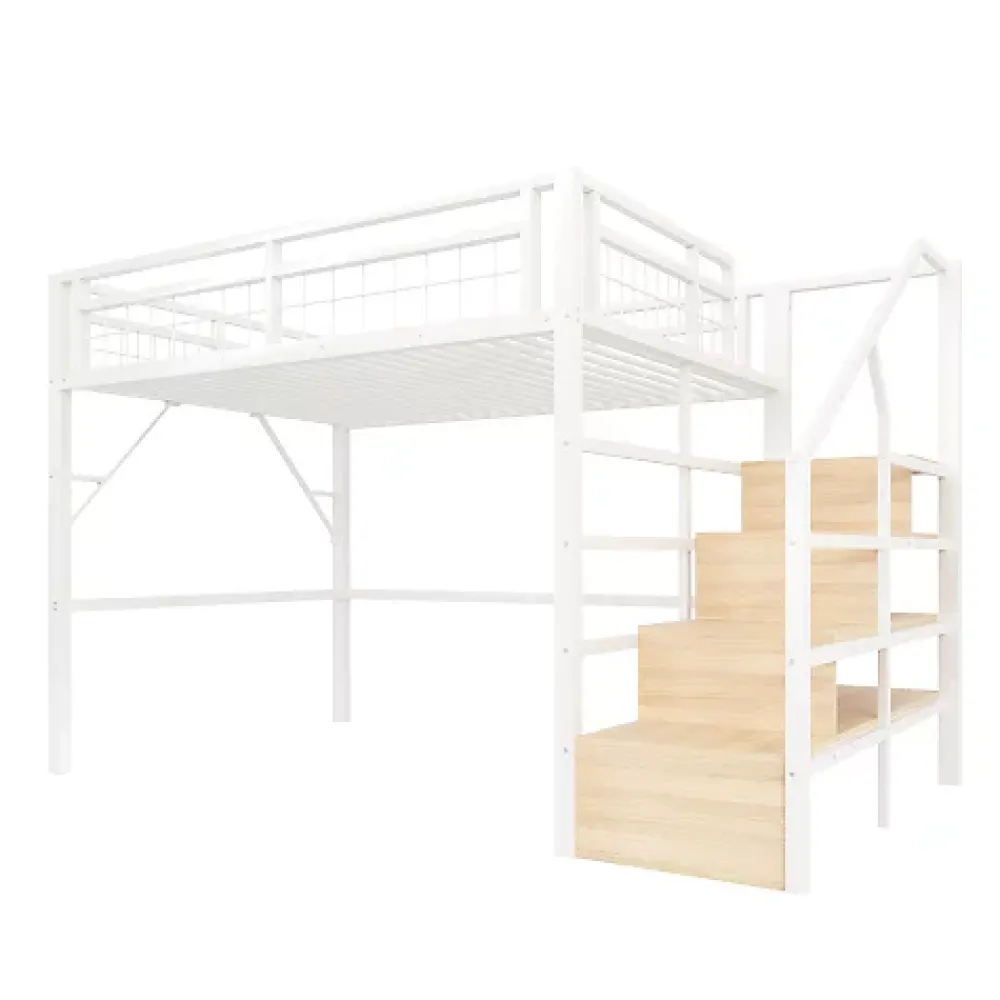ModernLuxe Lit mezzanine 140 x 200 cm - Structure en fer - Éclairage LED - Escalier - Blanc (matelas non inclus)* Lit Mezzanine