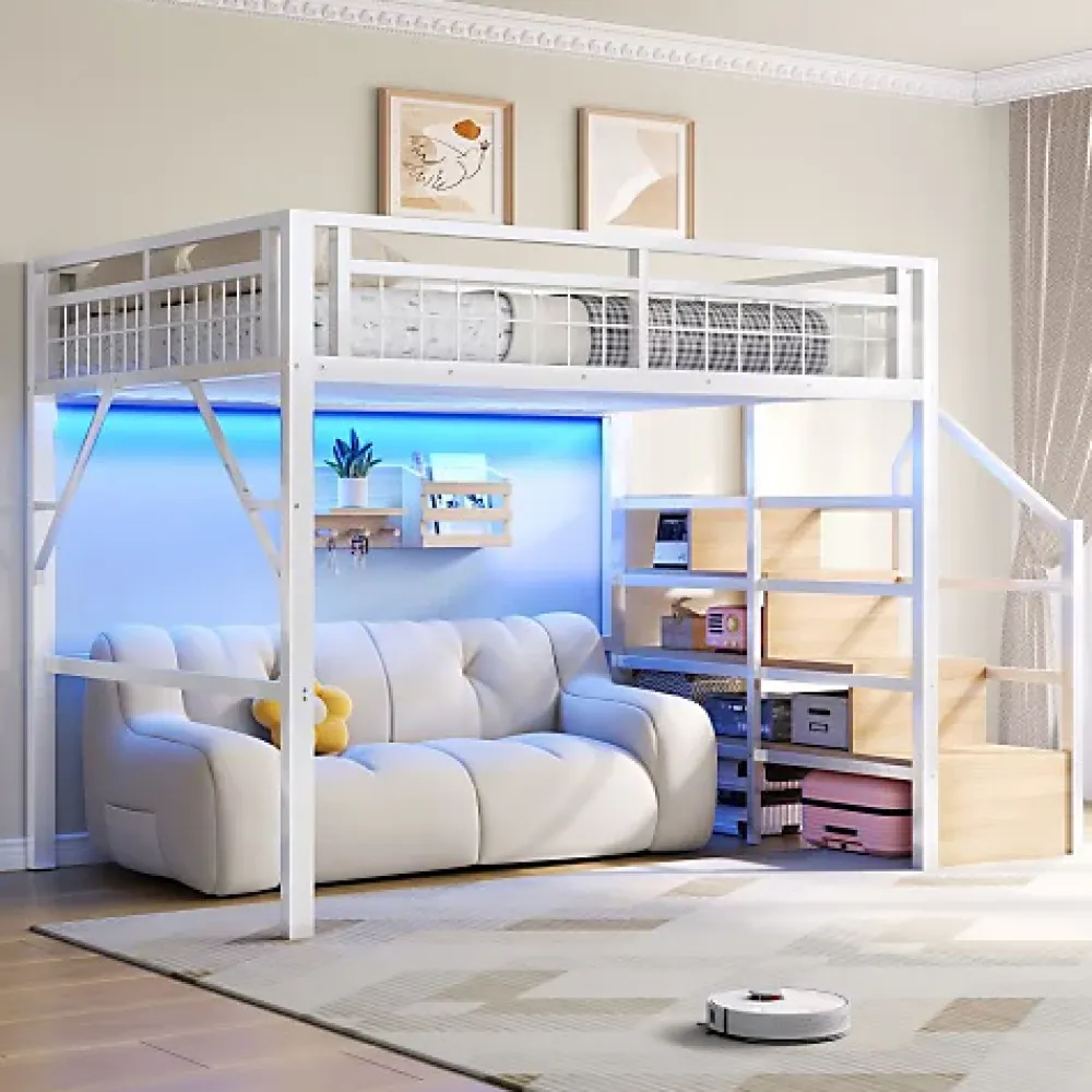 ModernLuxe Lit mezzanine 140 x 200 cm - Structure en fer - Éclairage LED - Escalier - Blanc (matelas non inclus)* Lit Mezzanine