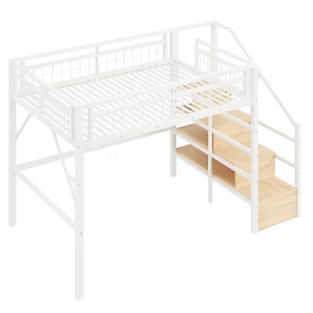 ModernLuxe Lit mezzanine 140 x 200 cm - Structure en fer - Éclairage LED - Escalier - Blanc (matelas non inclus)* Lit Mezzanine