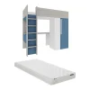 Lit mezzanine 90 x 200 cm avec armoire et bureau - Bleu et blanc + matelas - NICOLAS>Vente-unique