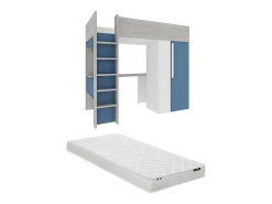 Lit mezzanine 90 x 200 cm avec armoire et bureau - Bleu et blanc + matelas - NICOLAS>Vente-unique