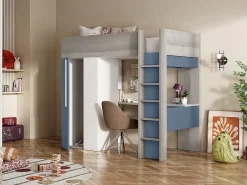 Lit mezzanine 90 x 200 cm avec armoire et bureau - Bleu et blanc + matelas - NICOLAS>Vente-unique