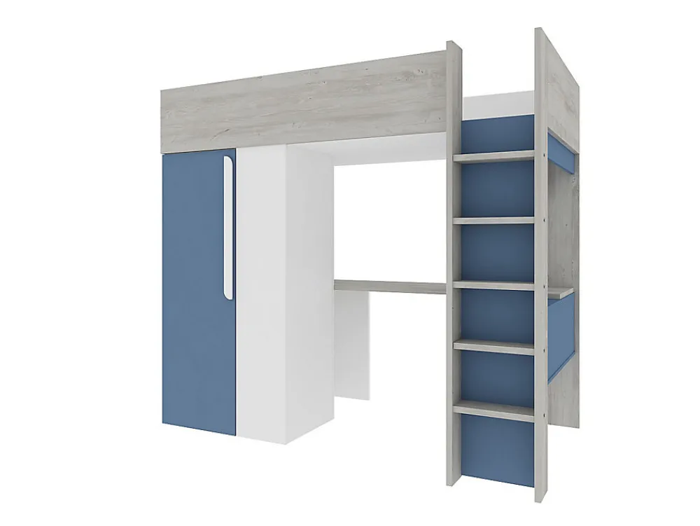 Lit mezzanine 90 x 200 cm avec armoire et bureau - Bleu et blanc + matelas - NICOLAS>Vente-unique