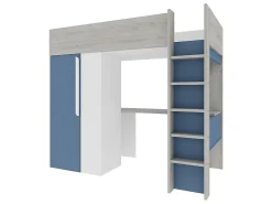 Lit mezzanine 90 x 200 cm avec armoire et bureau - Bleu et blanc + matelas - NICOLAS><noscript><img width=