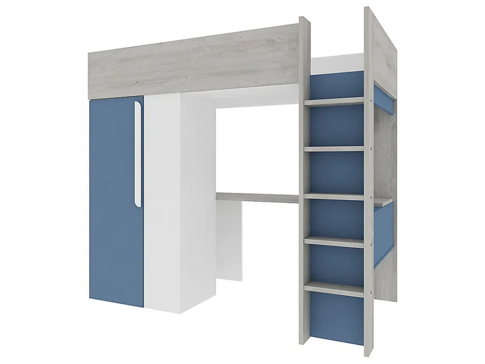 Lit mezzanine 90 x 200 cm avec armoire et bureau - Bleu et blanc + matelas - NICOLAS>Vente-unique
