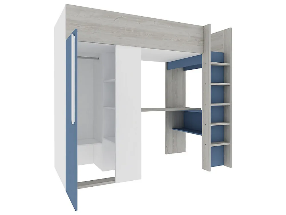 Lit mezzanine 90 x 200 cm avec armoire et bureau - Bleu et blanc + matelas - NICOLAS>Vente-unique