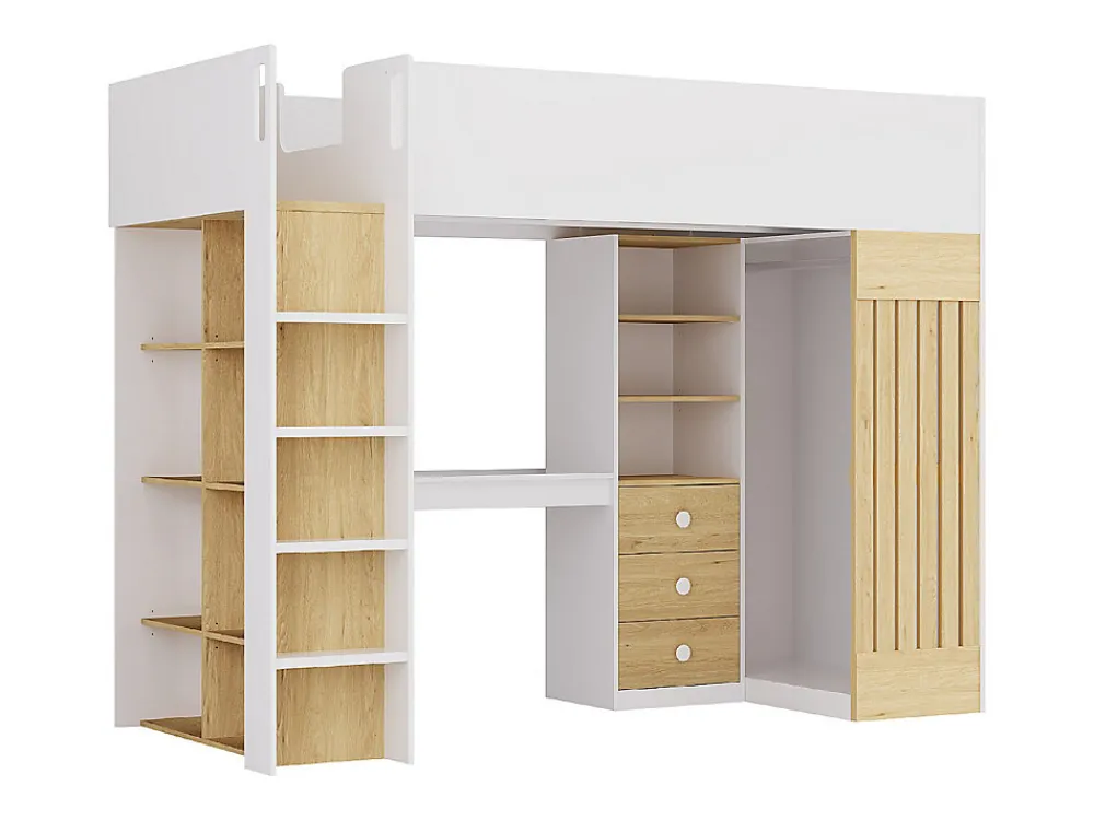Lit mezzanine 90 x 190 cm avec bureau et penderie - Coloris : Blanc et naturel - LORINTI>Vente-unique Sale