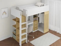 Lit mezzanine 90 x 190 cm avec bureau et penderie - Coloris : Blanc et naturel - LORINTI>Vente-unique Sale