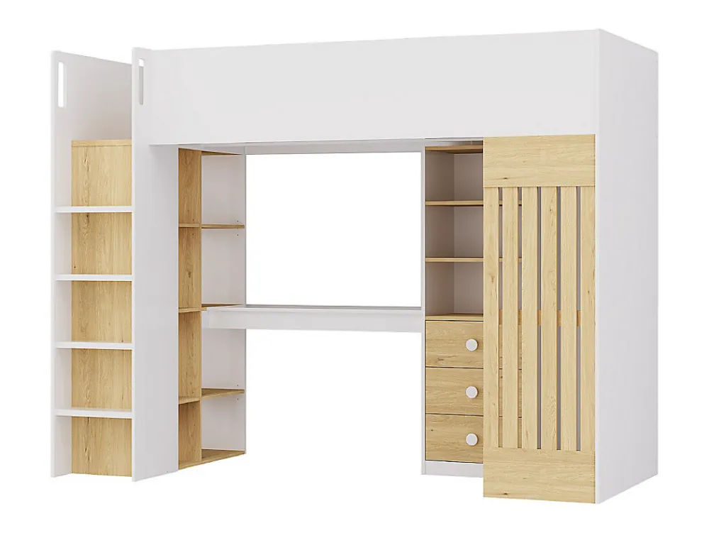 Lit mezzanine 90 x 190 cm avec bureau et penderie - Coloris : Blanc et naturel - LORINTI>Vente-unique Sale