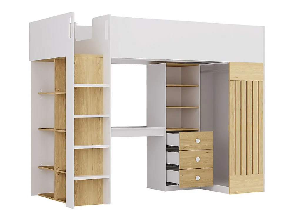Lit mezzanine 90 x 190 cm avec bureau et penderie - Coloris : Blanc et naturel - LORINTI>Vente-unique Sale