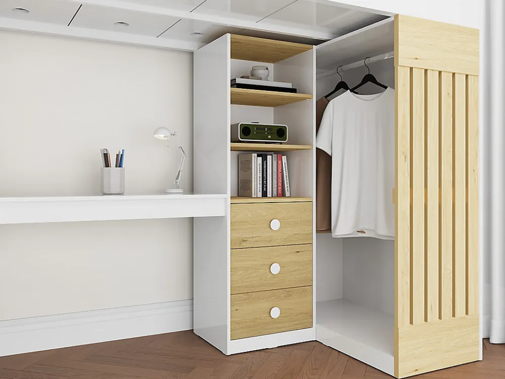 Lit mezzanine 90 x 190 cm avec bureau et penderie - Coloris : Blanc et naturel - LORINTI>Vente-unique Sale