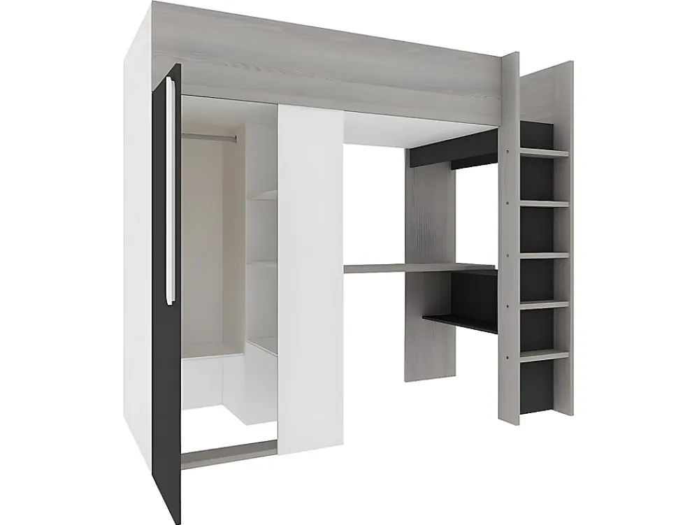 Vente-unique Lit mezzanine 90 x 200 cm avec armoire et bureau - Anthracite et blanc + matelas - NICOLAS II* Lit Mezzanine