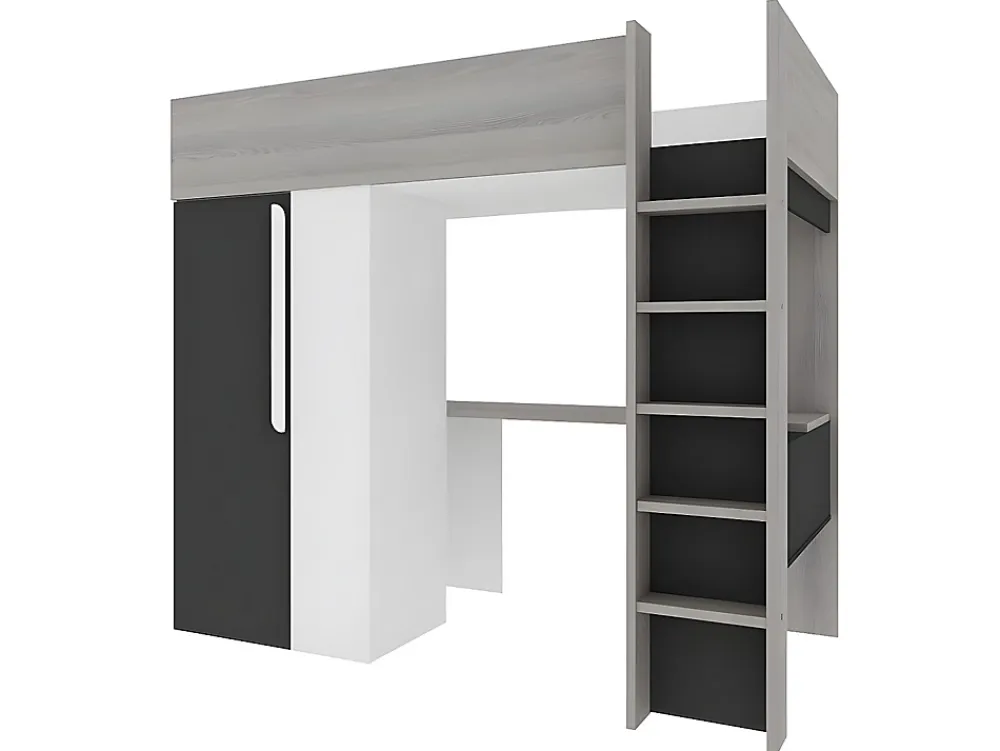 Vente-unique Lit mezzanine 90 x 200 cm avec armoire et bureau - Anthracite et blanc + matelas - NICOLAS II* Lit Mezzanine