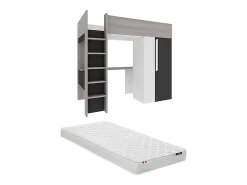 Vente-unique Lit mezzanine 90 x 200 cm avec armoire et bureau - Anthracite et blanc + matelas - NICOLAS II* Lit Mezzanine