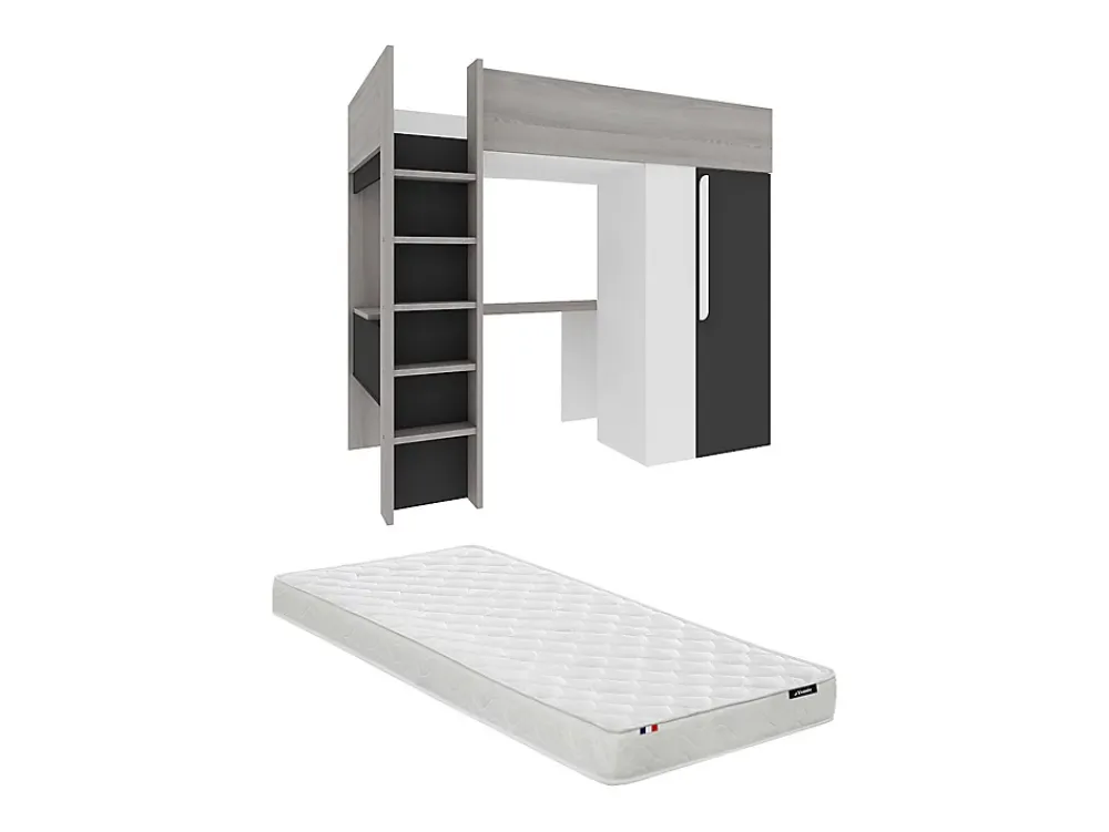 Vente-unique Lit mezzanine 90 x 200 cm avec armoire et bureau - Anthracite et blanc + matelas - NICOLAS II* Lit Mezzanine