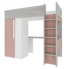Vente-unique Lit mezzanine 90 x 200 cm avec armoire et bureau - Rose et blanc + matelas - NICOLAS* Lit Mezzanine