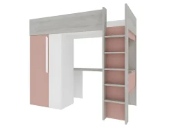 Vente-unique Lit mezzanine 90 x 200 cm avec armoire et bureau - Rose et blanc + matelas - NICOLAS* Lit Mezzanine