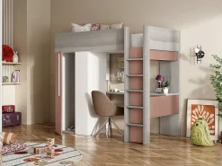 Vente-unique Lit mezzanine 90 x 200 cm avec armoire et bureau - Rose et blanc + matelas - NICOLAS* Lit Mezzanine