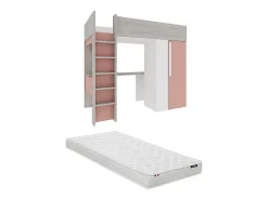Vente-unique Lit mezzanine 90 x 200 cm avec armoire et bureau - Rose et blanc + matelas - NICOLAS* Lit Mezzanine