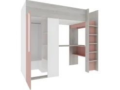 Vente-unique Lit mezzanine 90 x 200 cm avec armoire et bureau - Rose et blanc + matelas - NICOLAS* Lit Mezzanine
