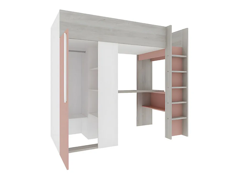 Lit mezzanine 90 x 200 cm avec armoire et bureau - Rose et blanc - NICOLAS>Vente-unique New